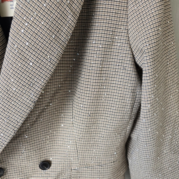 $99 On-34th New Sequin Plaid Blazer Jacket 14 Women Beige Twill Elegant Glitter - Picture 9 of 12